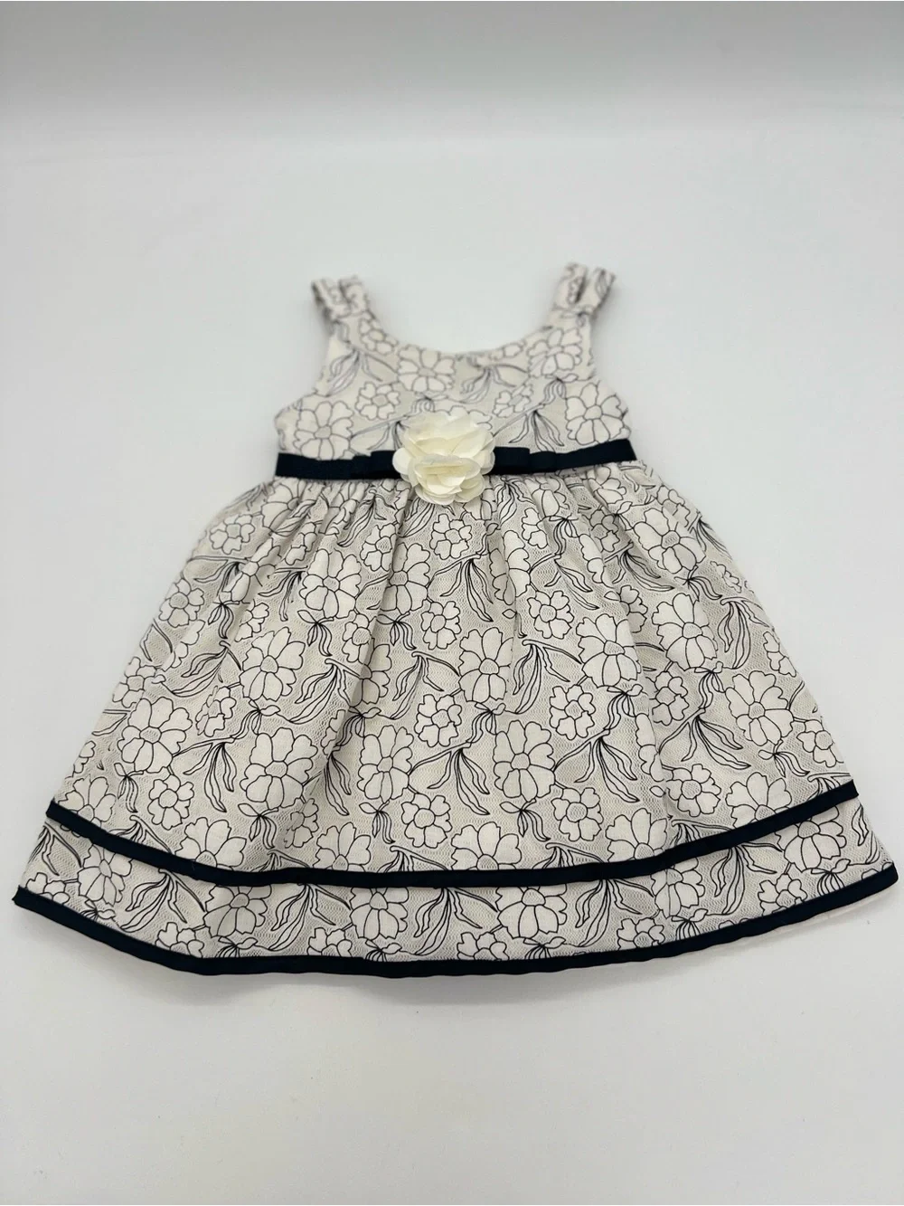 Youngland Baby Girl White Black Floral Embroidered Dress Sz 24 Months